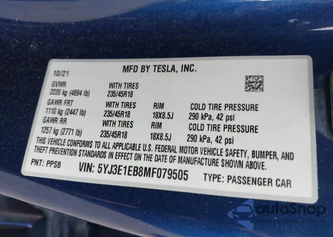 2021 Tesla Model 3 Long Range Dual Motor All-Wheel Drive из США, поврежденный, VIN 5YJ3E1EB8MF079505